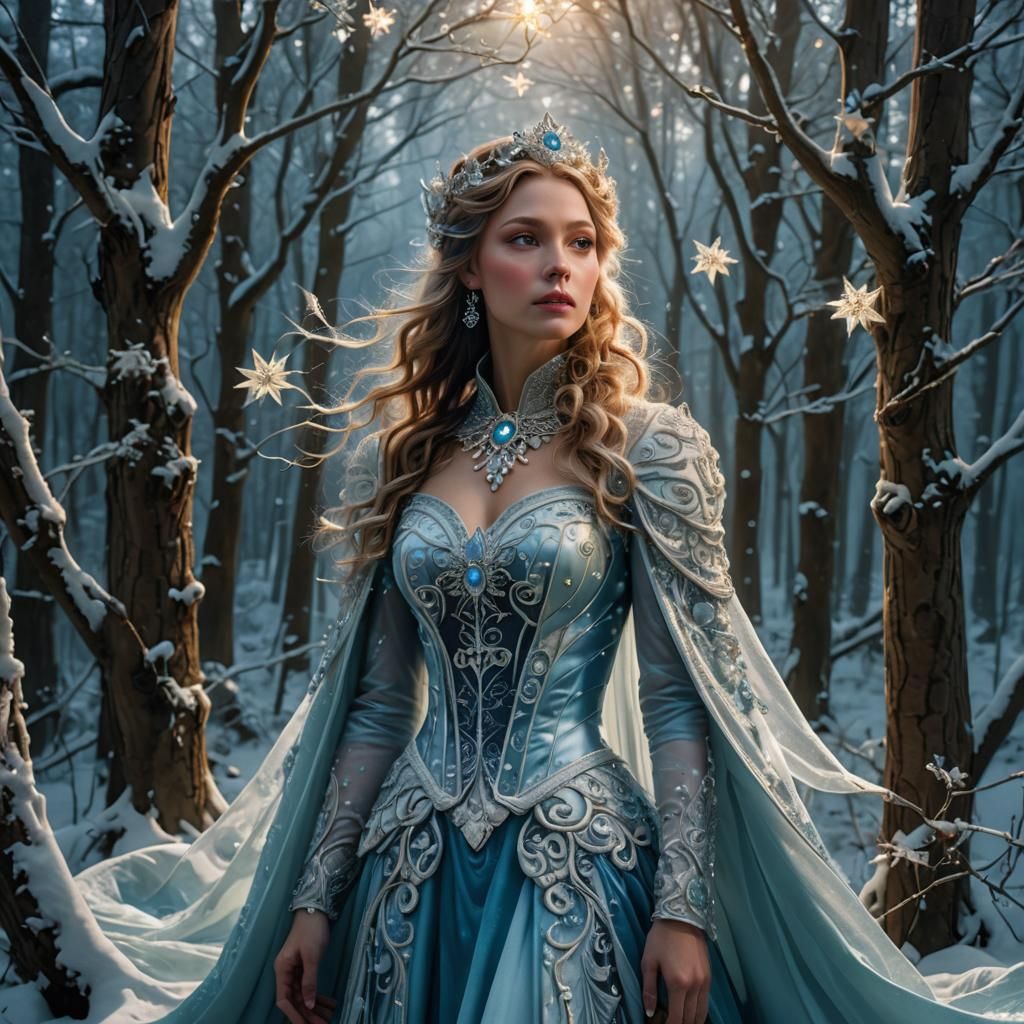 Regal Woman in Winter Forest, Art Nouveau Style