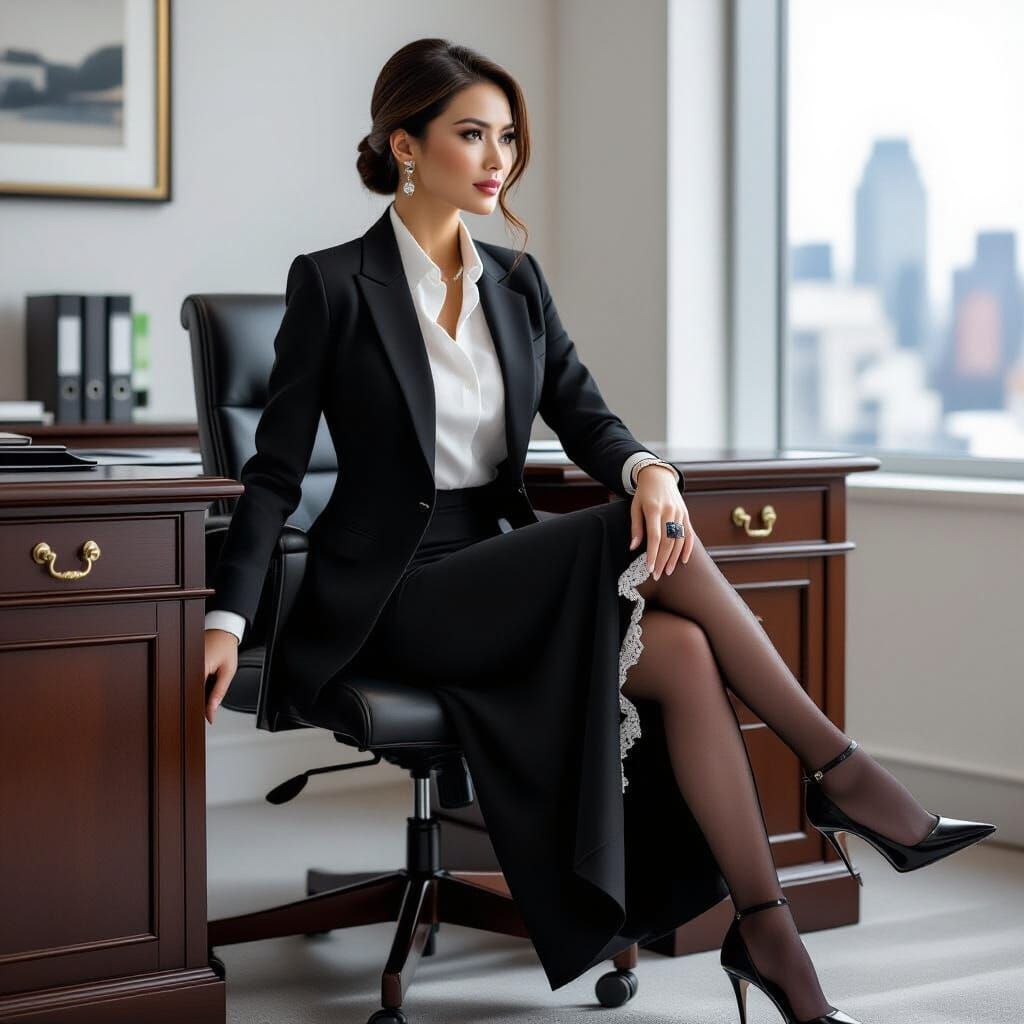 Businesswoman in Office with Lace Detail and High Heels