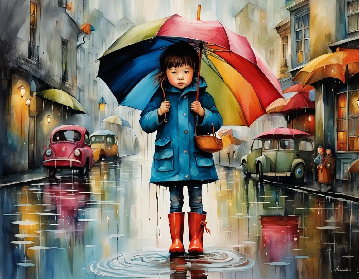 Magical Rain Boots Illustration in Cubist Style