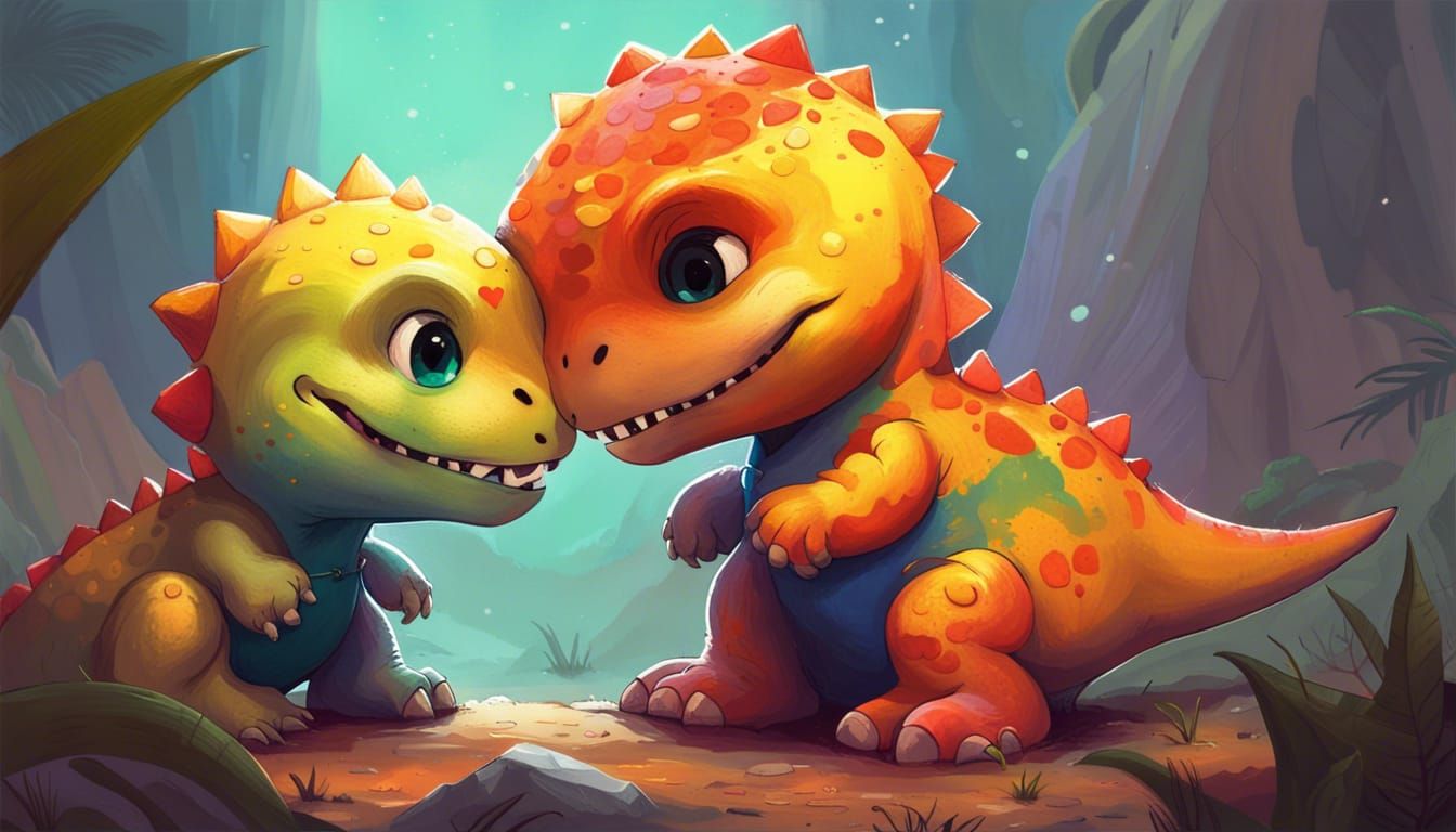 Adorable Chibi T-Rex Dinosaurs Hugging in Anime Style