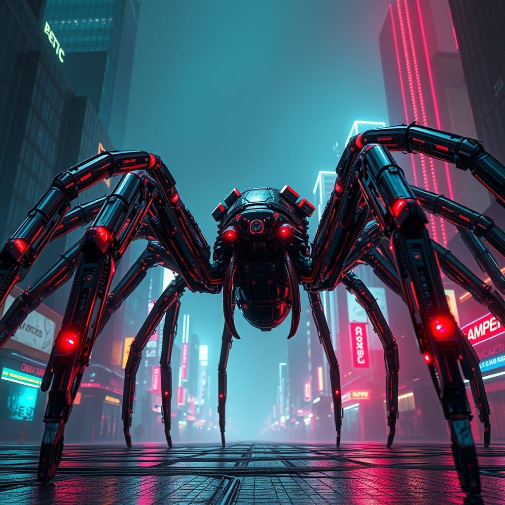 Cyber Spiders Dominate Dystopian Cityscape in Metallic Glory