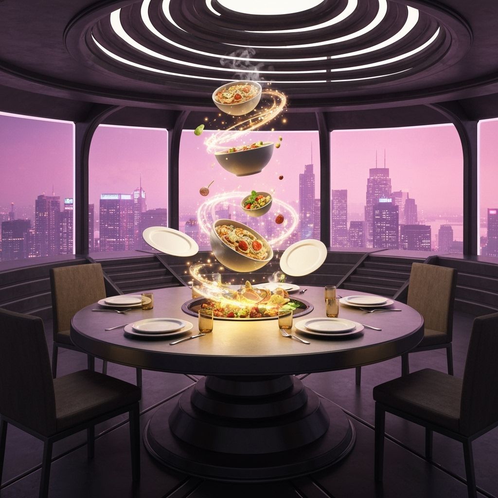 Futuristic Dining Room with Magical Self-Cooking Feast