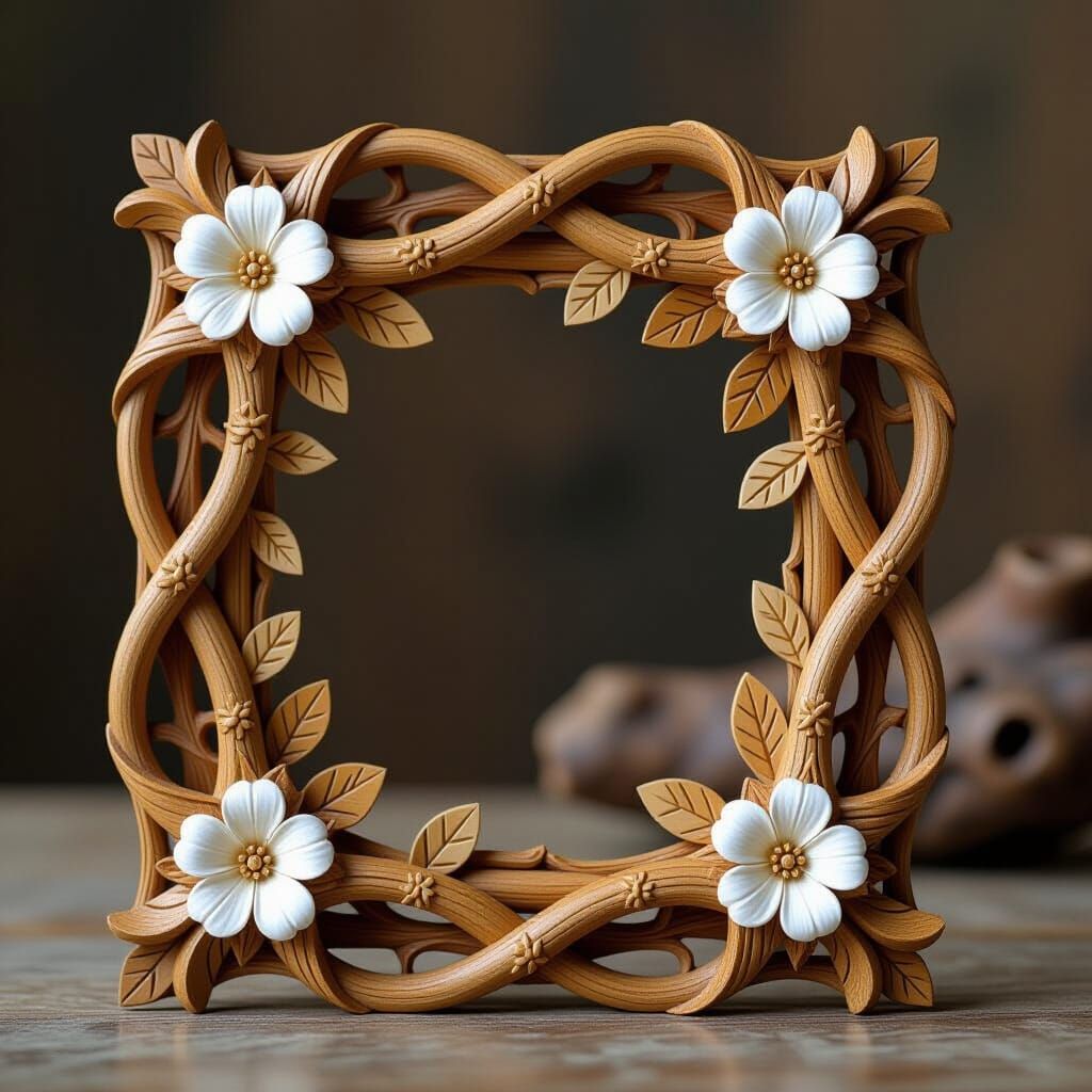 Rustic Branch Picture Frame with Carved Floral Accents