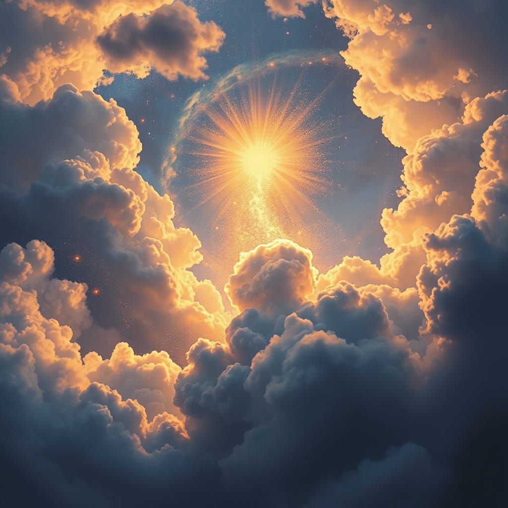 Ethereal Being of Truth Ascends Through Cosmic Clouds