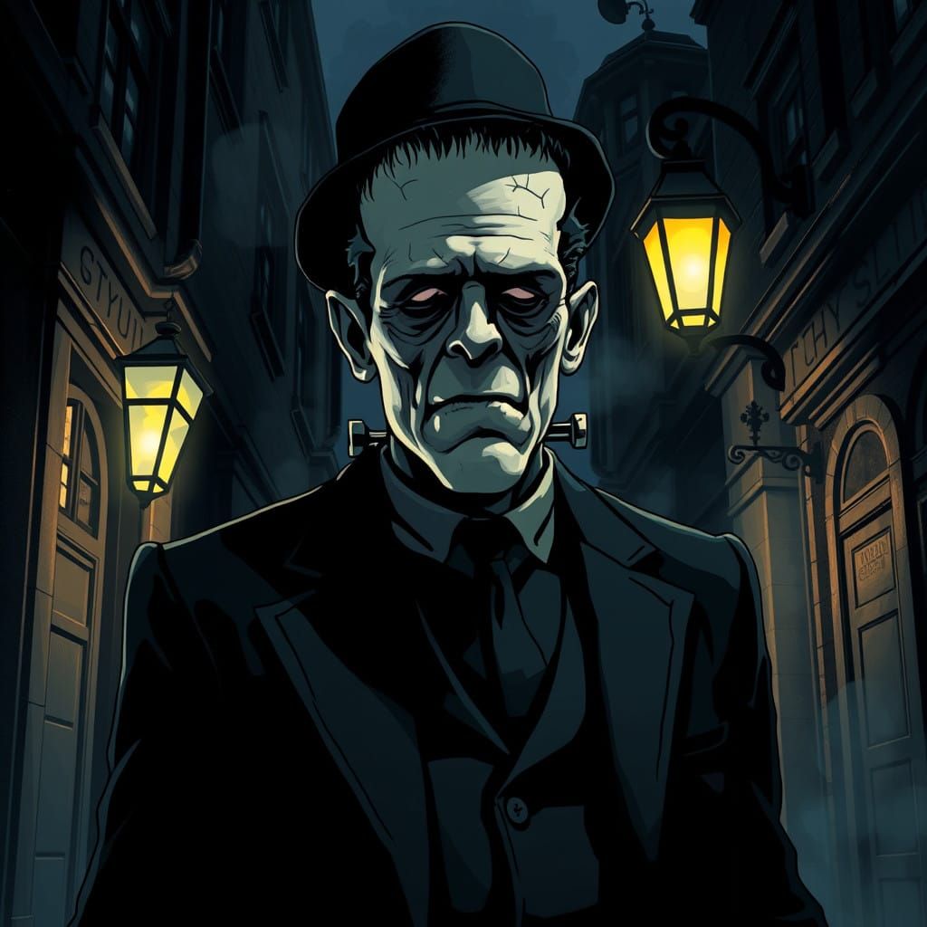 Gothic Crime Lord Frankenstein in a Dark Alleyway