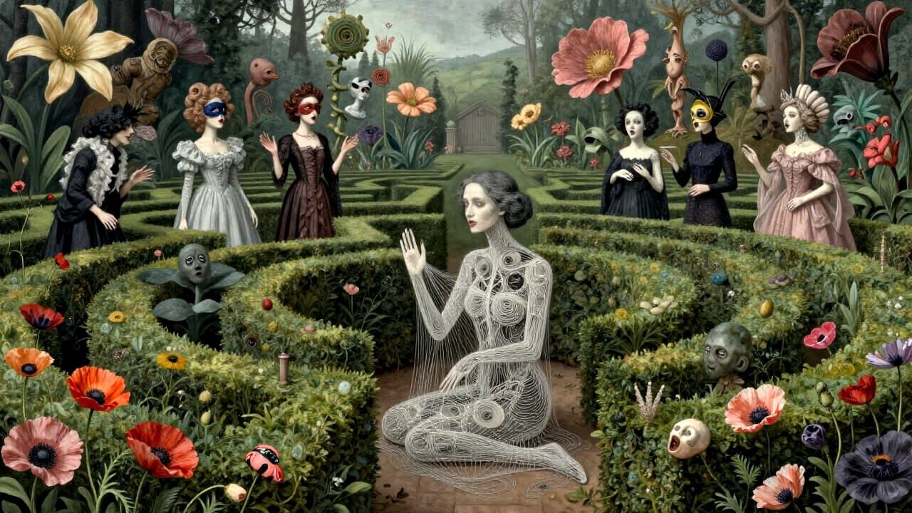 String Woman in Haunted Hedge Maze with Screaming Statues