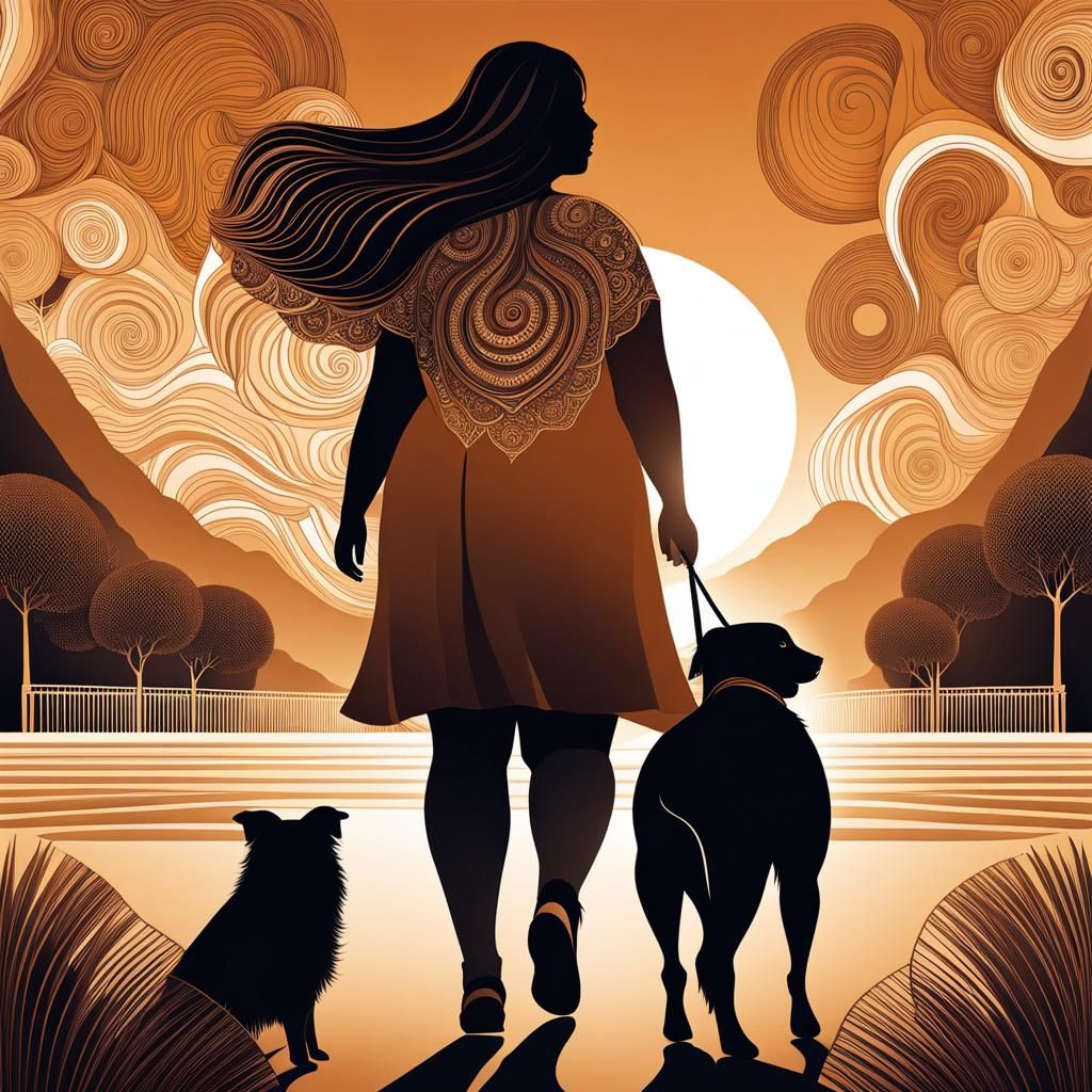 Girl with Dog in Abstract Line Art