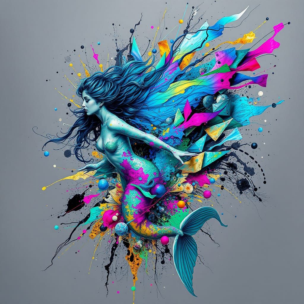 Surreal Mermaid Dissolving in Electric Ink Bursts