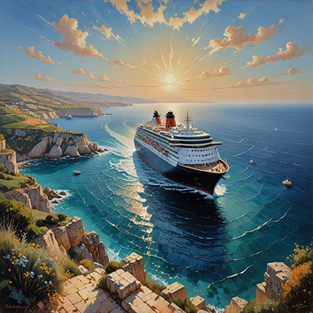 Oil Painting of Large Cruise Ship Sailing the Mediterranean ...