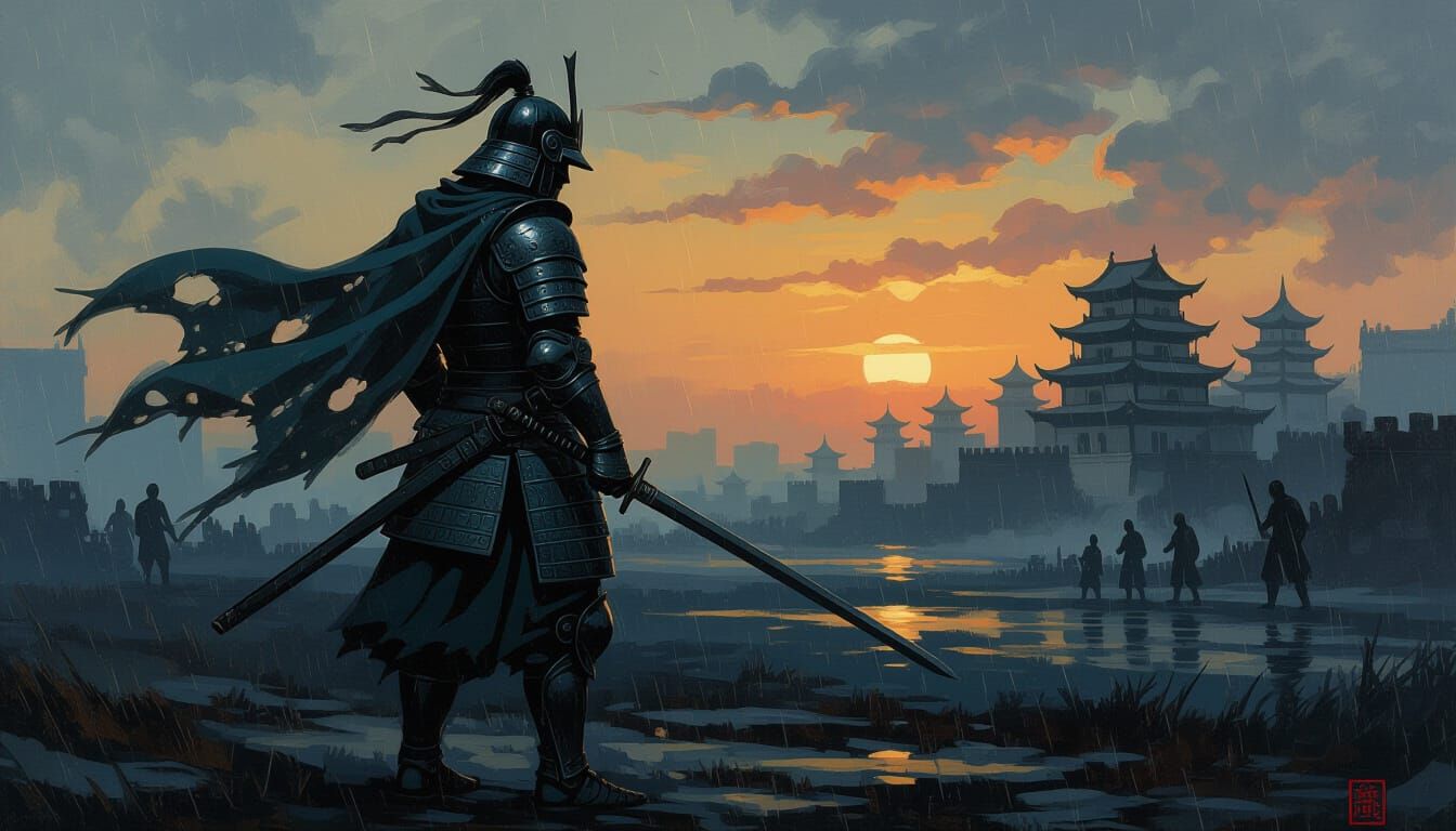 Armored Warrior in Goya-esque Battlefield Oil Painting