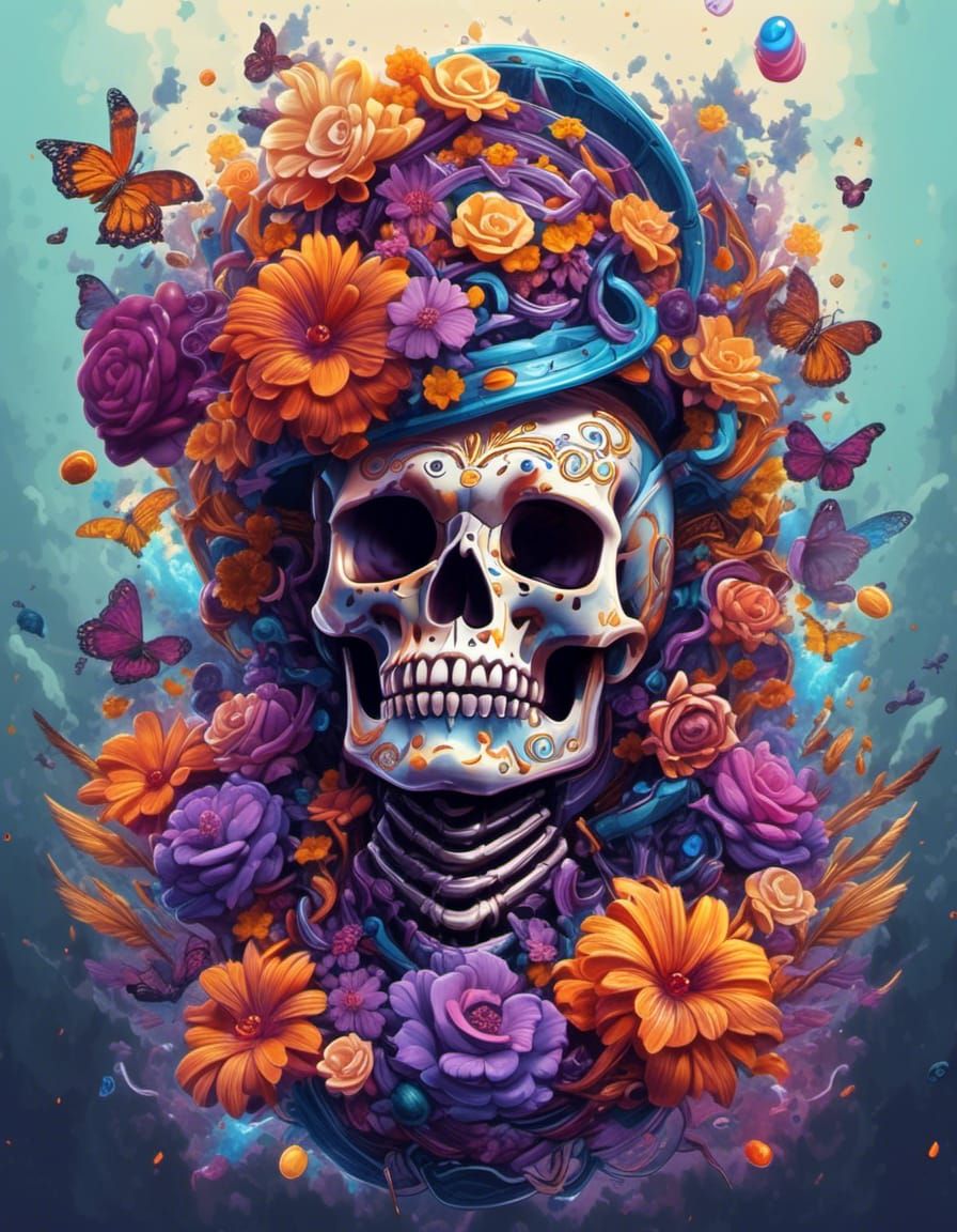 Hyperreal Candy Skull T-Shirt Design in Dark Fantasy Style