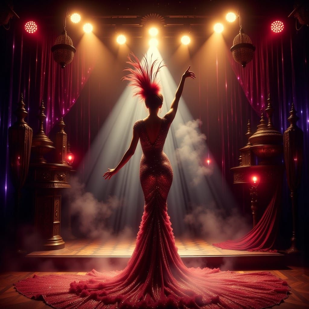 Vintage Cabaret Dancer on Stage in Art Nouveau Style