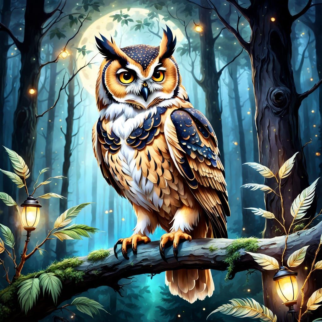 Wise Owl in Mystical Forest: Watercolor Fantasy Art
