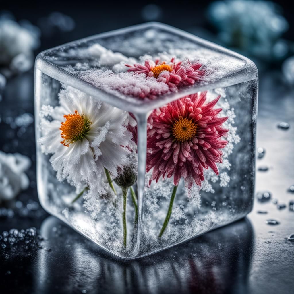 Frozen Flowers Encased in Ice: Hyperrealistic Detail