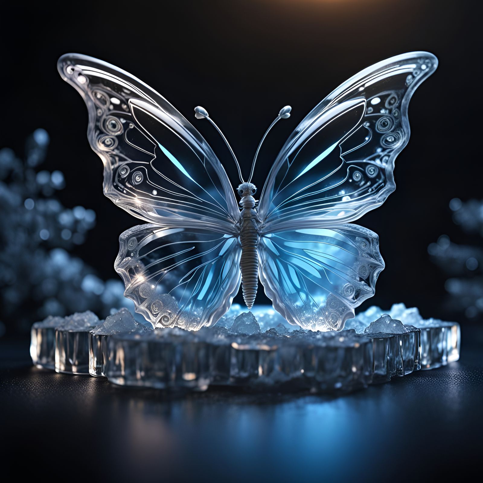 Illuminated Ice Butterfly Sculpture in Detailed Digital Art
