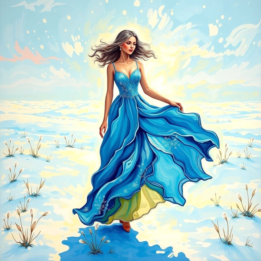 Ethereal Blue Goddess in Serene Snowy Landscape