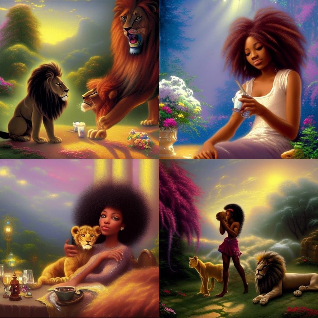 Black Girl and Lion at Party in Ethereal Style