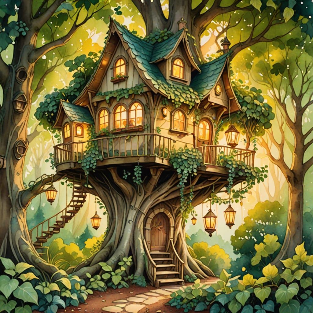 Whimsical Treehouse in Sunlit Forest, Storybook Art