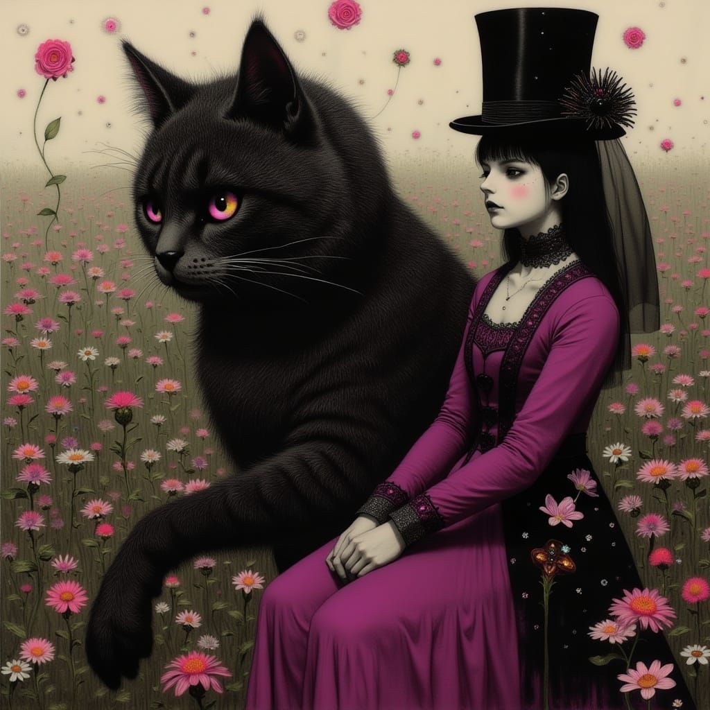 Serene Victorian Woman Rides Majestic Cat Amidst Vibrant Flo...