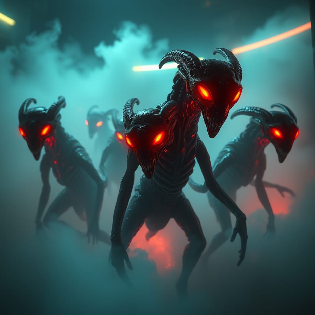 Dark, mysterious creatures, eternally cursed, exude a creepy aura with volumetric and dynamic lighting. Intricate, iride...