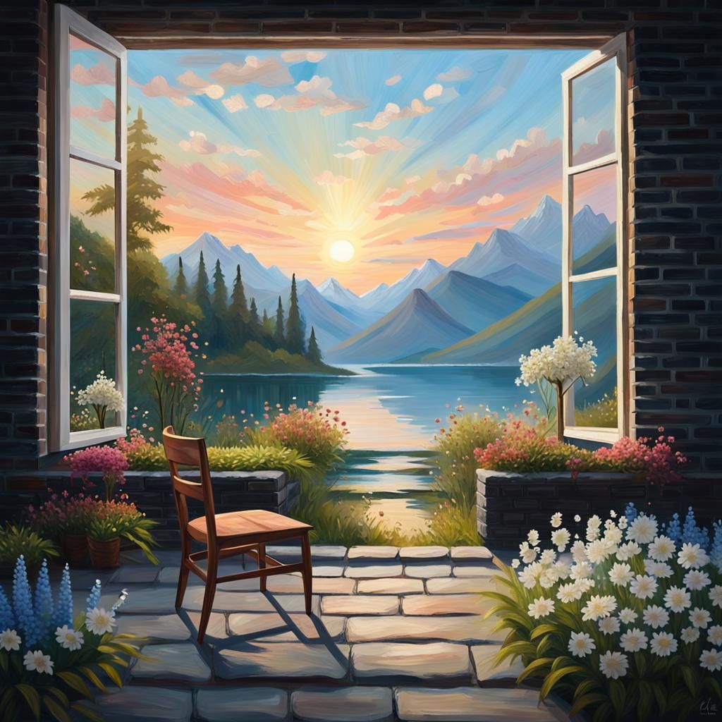 black brick walls, white windows, pathway to steps, wooden c...