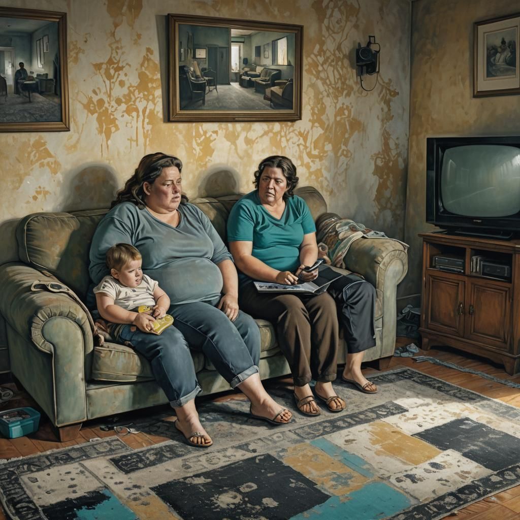 Intimate Family Scene in Contemporary Figurative Style