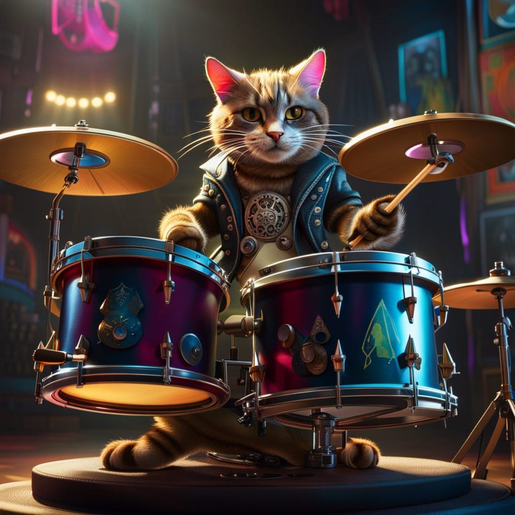 Punk Rock Cat Drummer in Graffiti Art Style