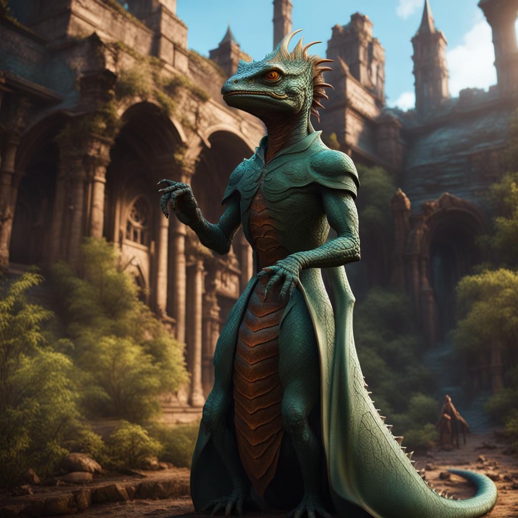 Fantastical Lizard Person in Detailed Matte Painting