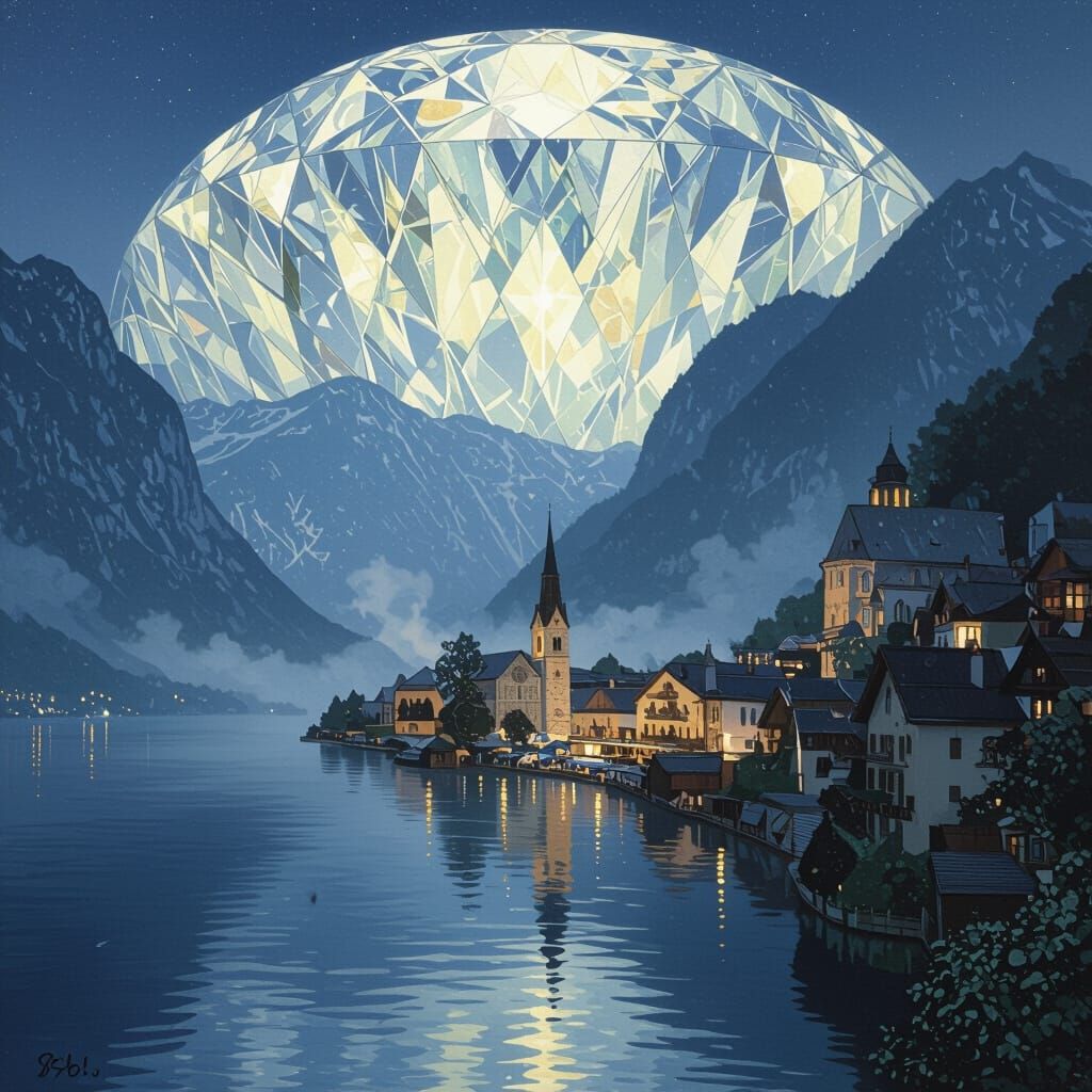 Hallstatt at Night in Diamond, Art Nouveau Style