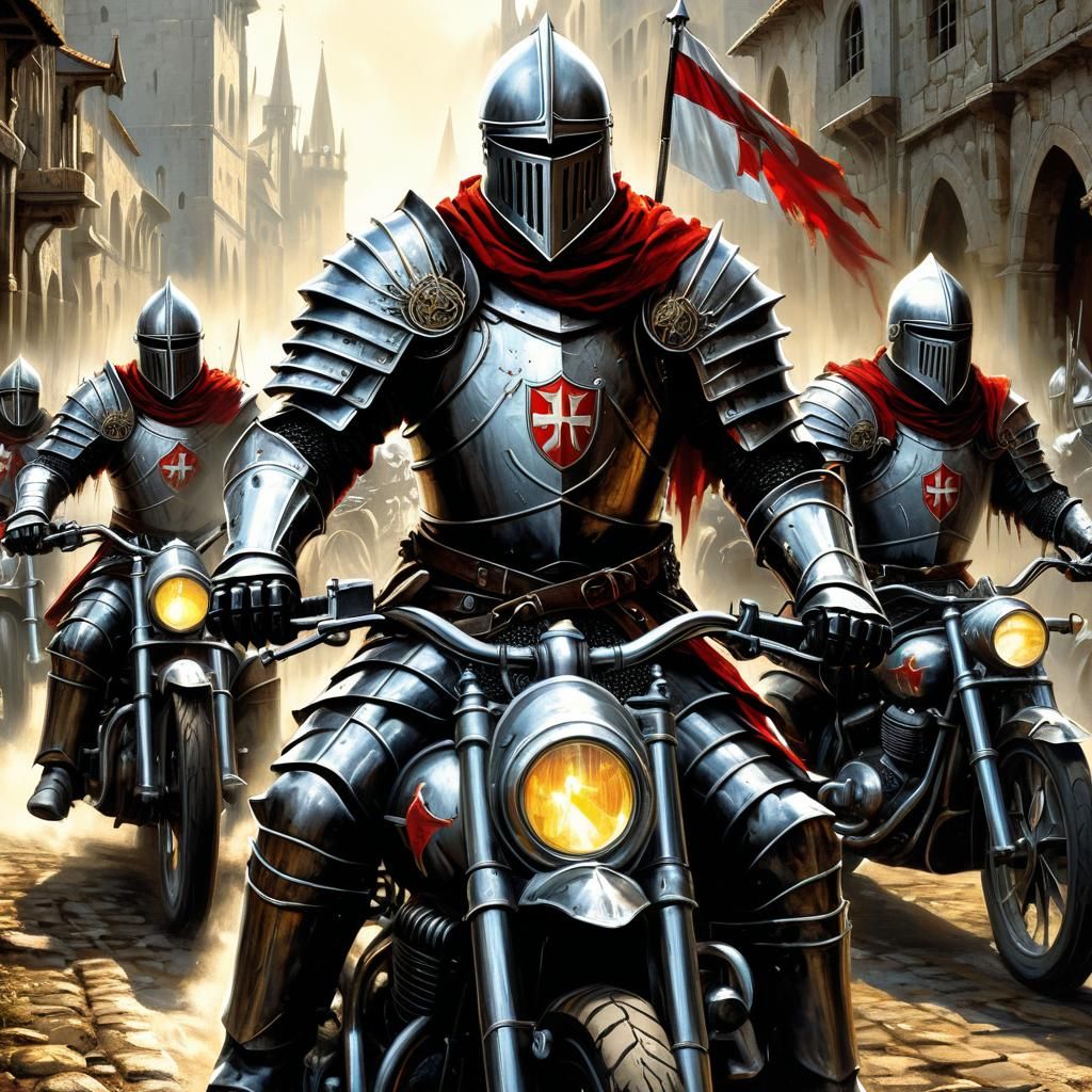 Templar Knights on Motorcycles in Graffiti Art Style
