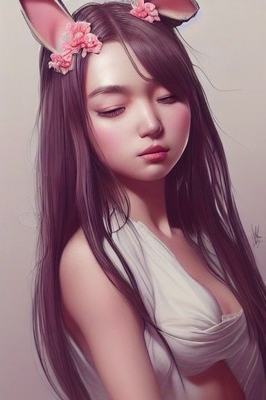 Beautiful Asian Girl with Pink Bunny Ears