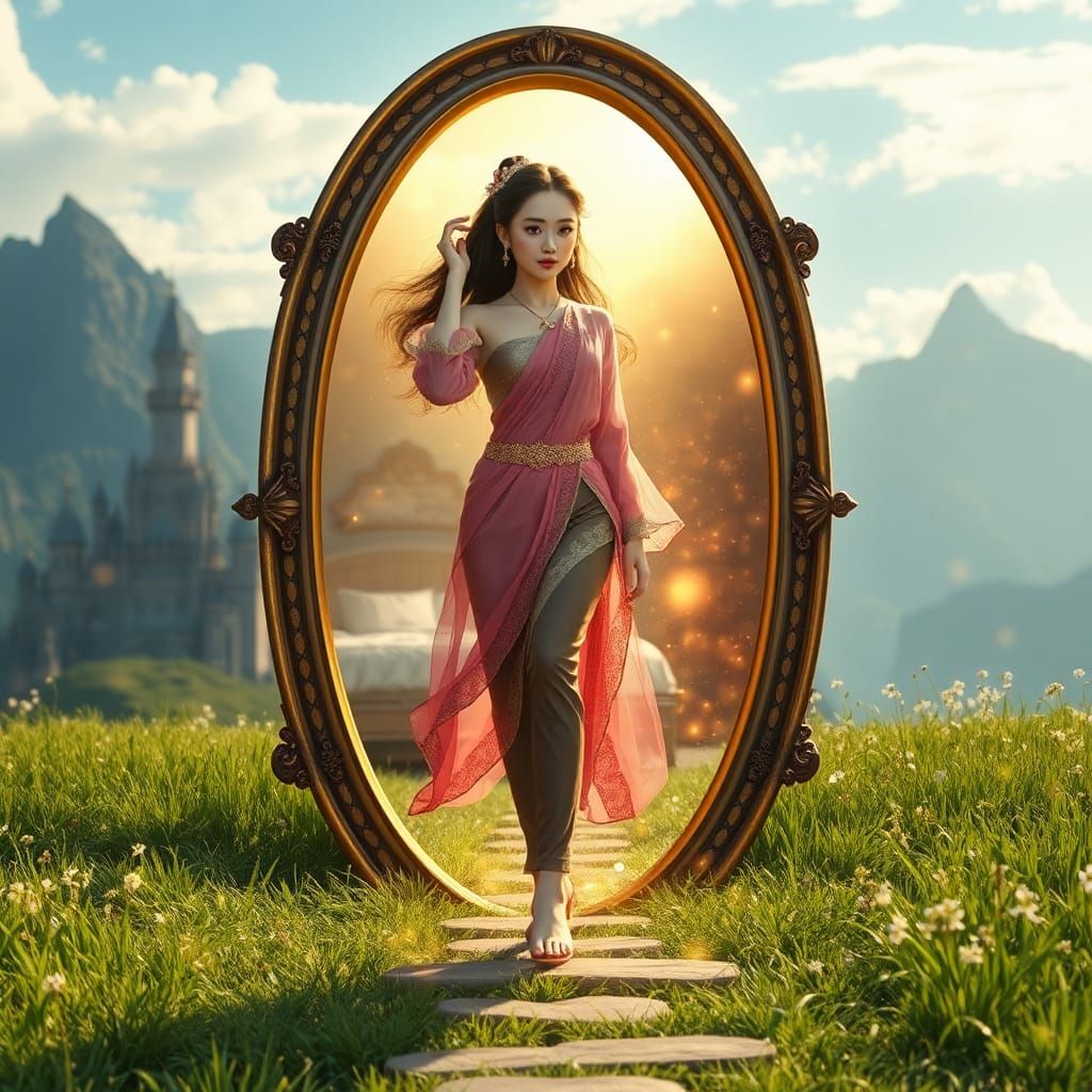 Asian Woman Emerges from Mirror in Anime Style