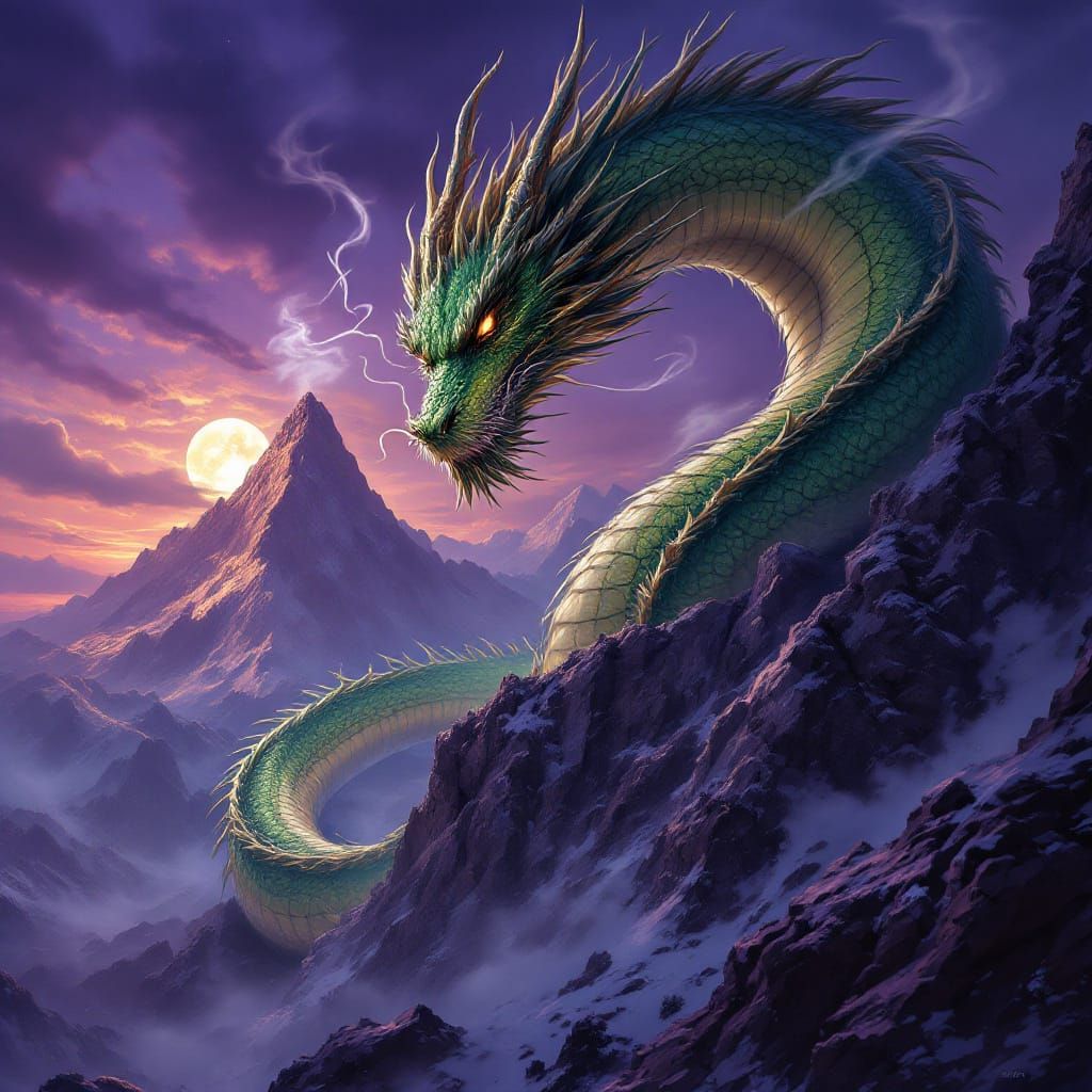 Emerald Dragon on Mountain Peak Under Twilight Sky