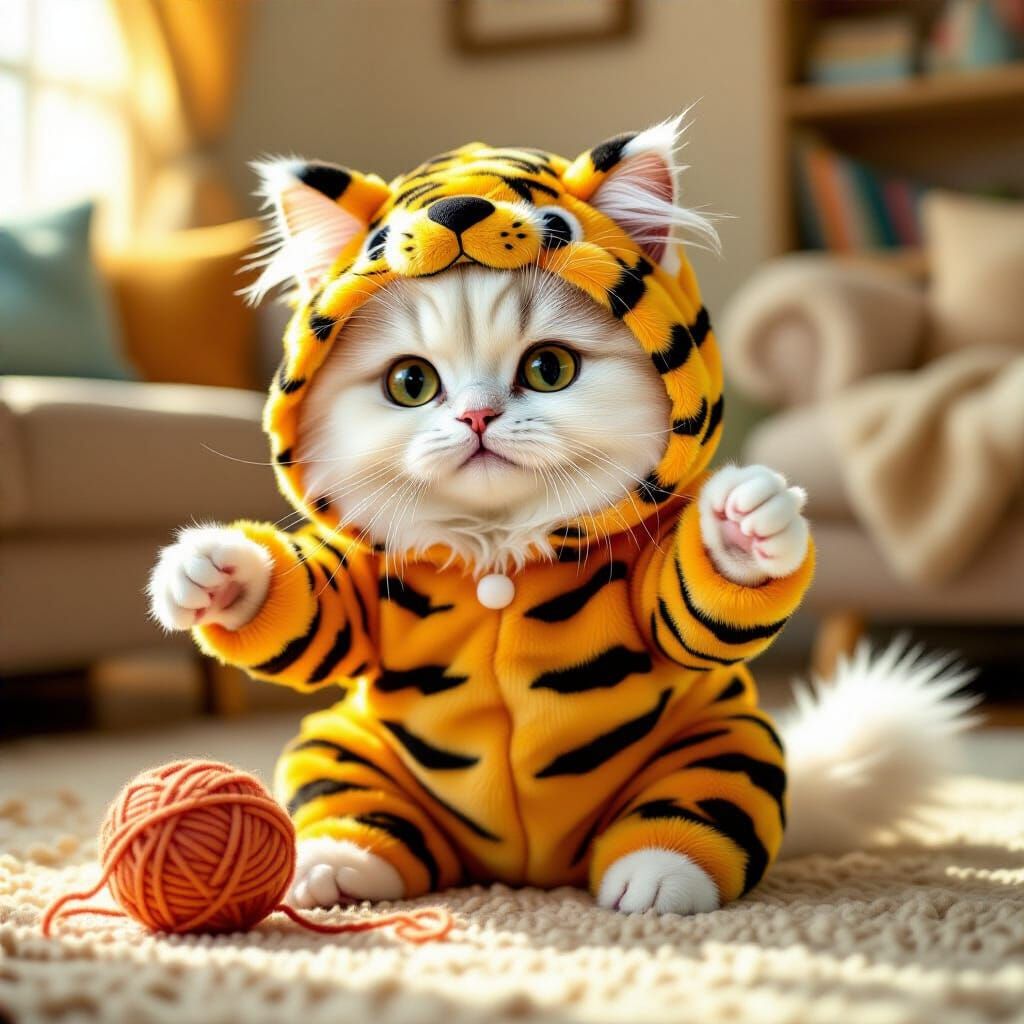 Fluffy Cat in Tiger Costume Playing with Yarn