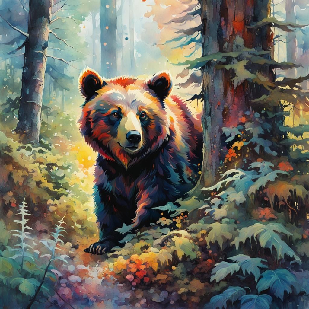 Bear Cub Hiding in Forest, Intricate Watercolour