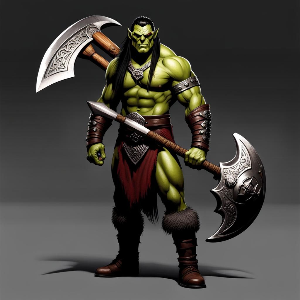 Half-Orc Barbarian with Metal Plating Holding Axe