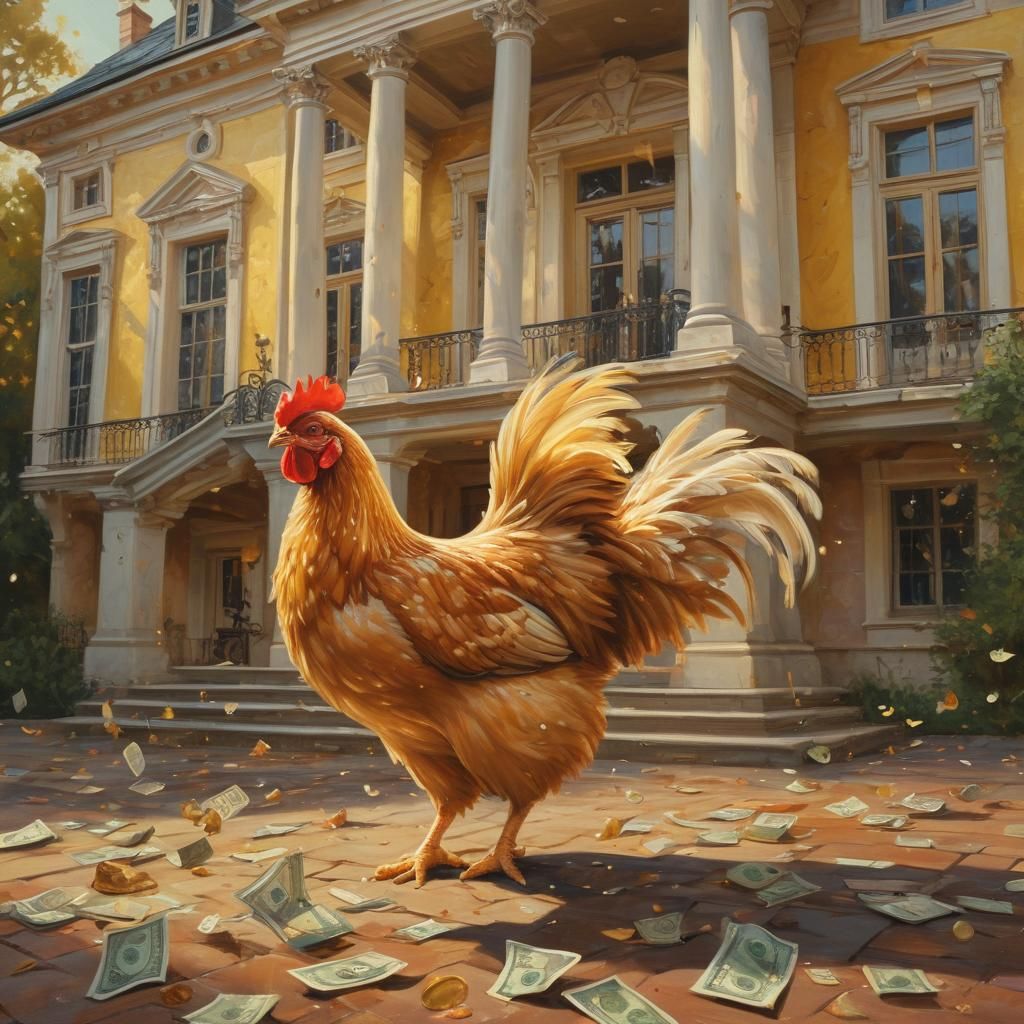 Chicken Dancing by Mansion: An Impressionist Oil Painting
