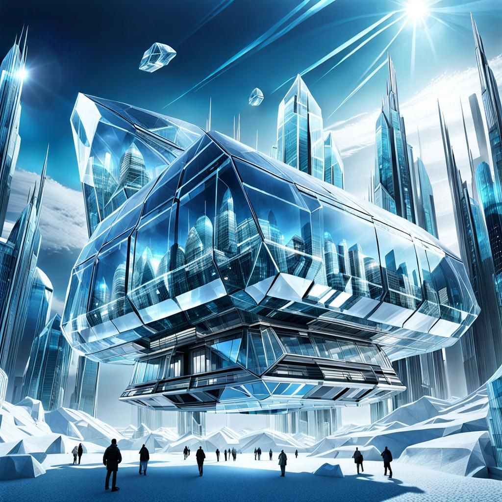 Crystal Spaceship landing in a futuristic crystal city
