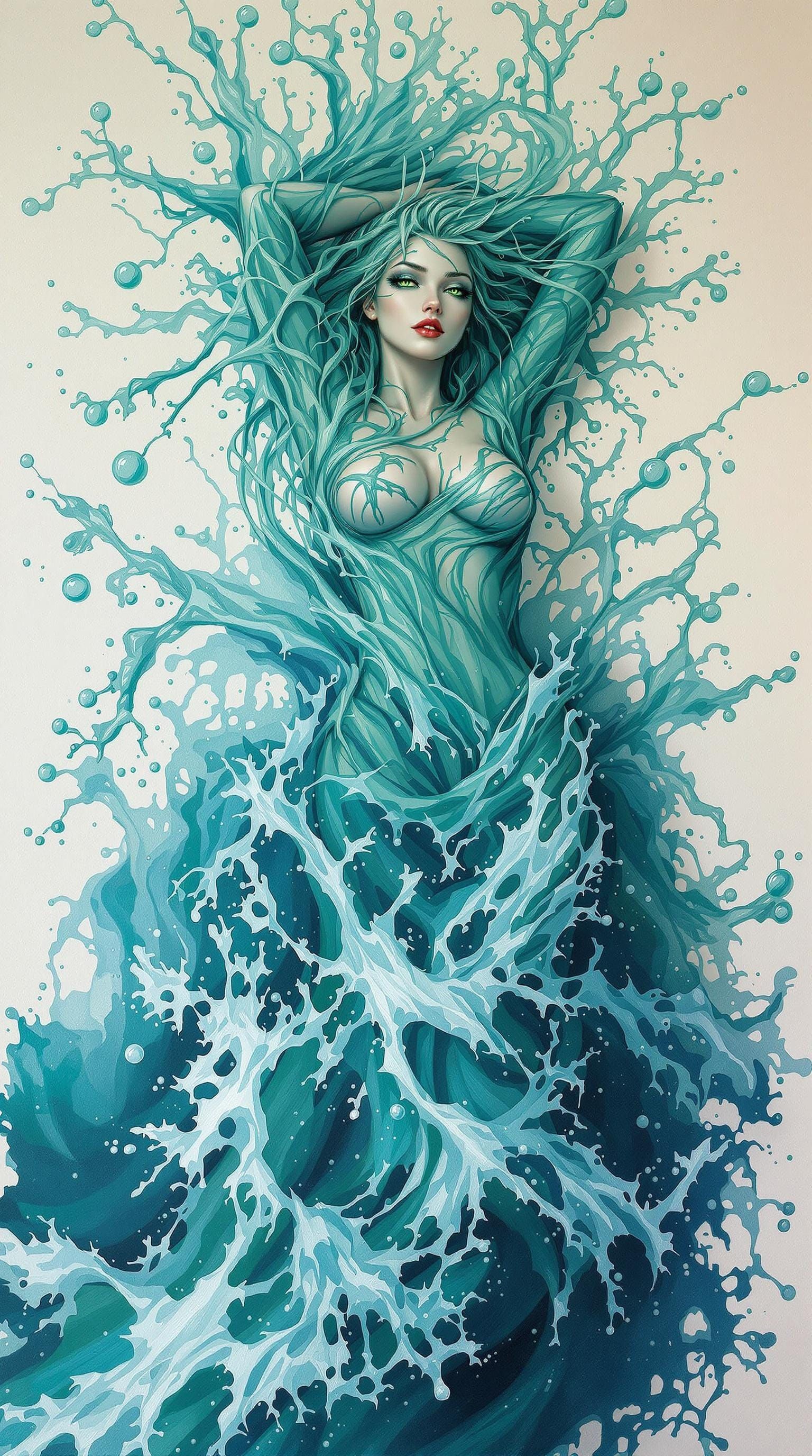 Water Elemental Emerges from Tsunami, Airbrush Art