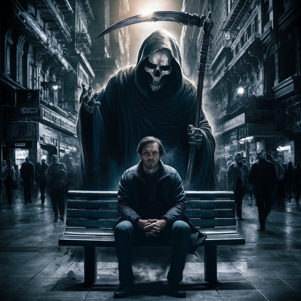 Grim reaper standing behind a man on a bench with his scythe...