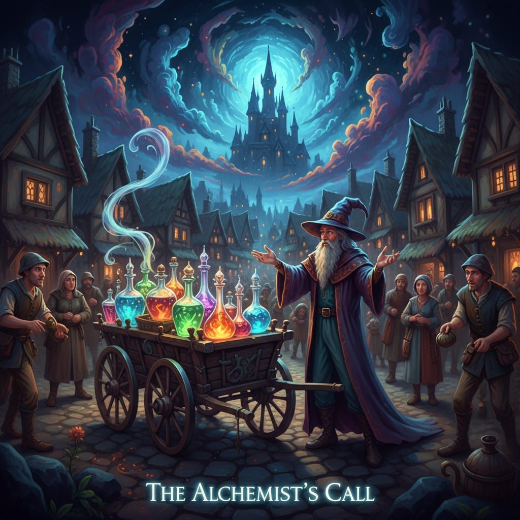 Magic Potion Seller in Medieval Village Square