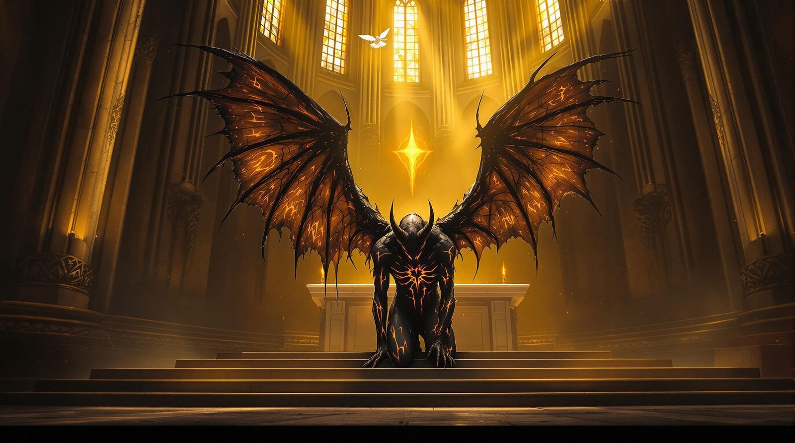 Surreal Cathedral Scene with Fallen Angel Redemption