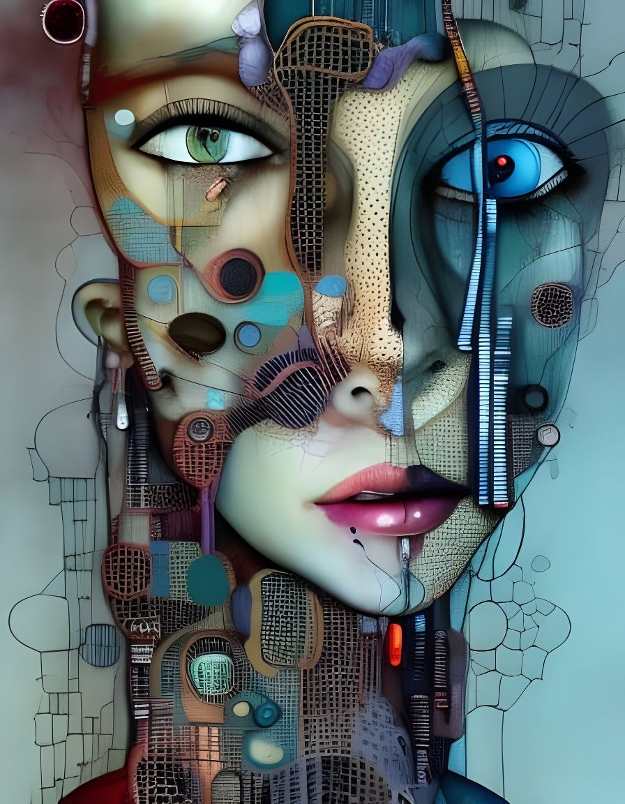 Surreal Geometric Portrait of Woman, Ink Art Style