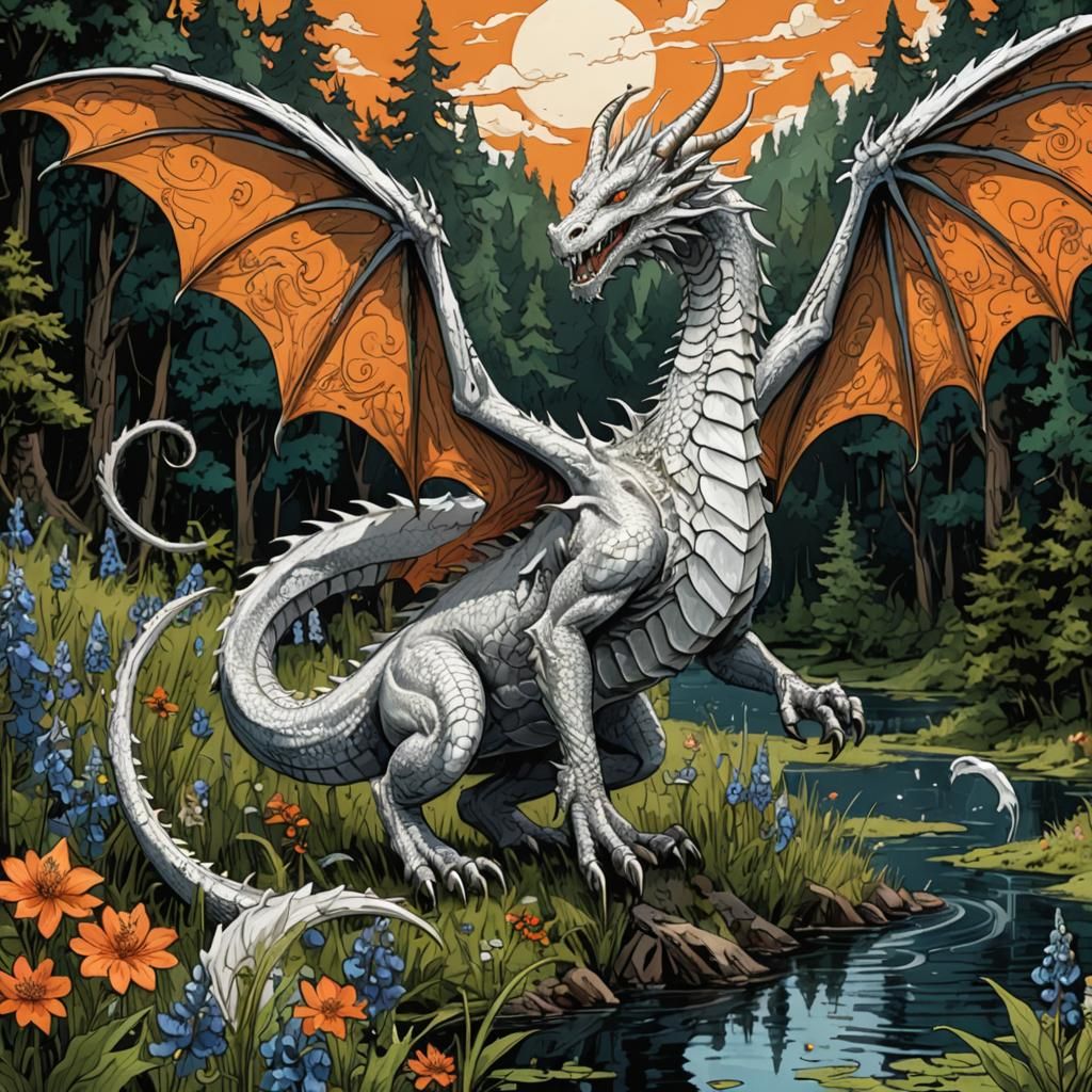 White Dragon in Forest Lake: Dark Fantasy Comic Art