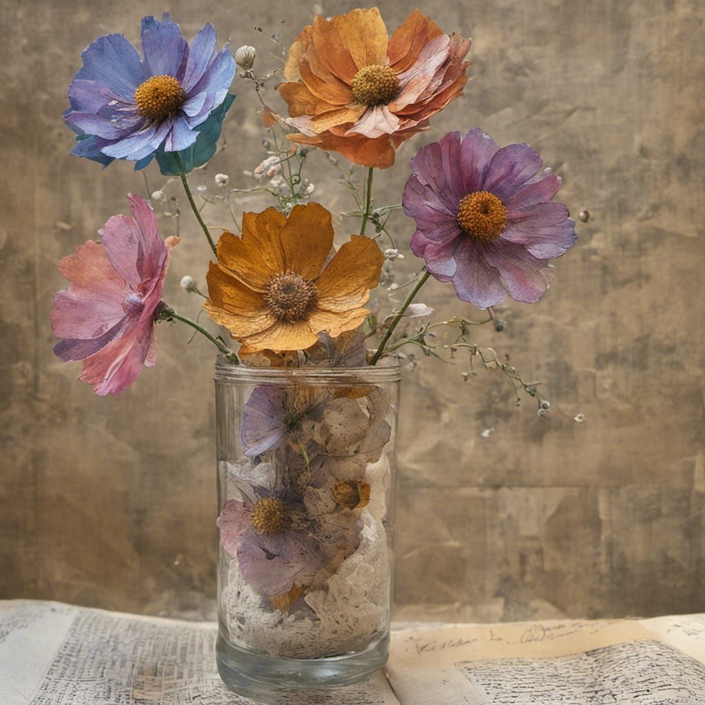 Cosmos Flowers in Glass Vase: Hyperrealistic Junk Journal Co...