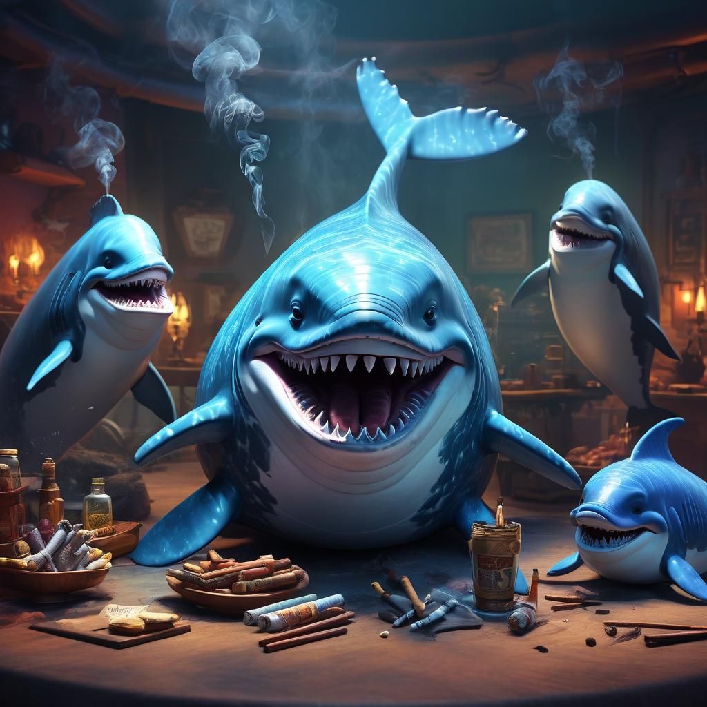 Demonic Whale Family Smoking: A Pixar-Style 3D Rendering