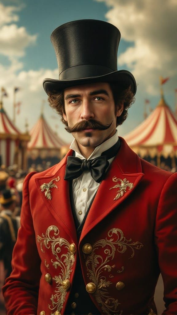 Enigmatic Ringmaster in Whimsical Circus Scene
