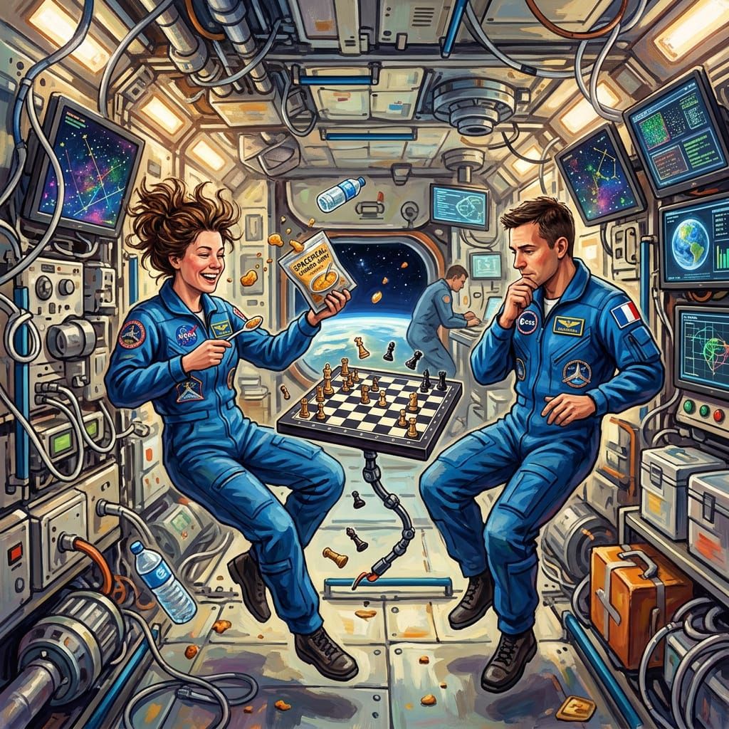 Astronauts Play Chess in Zero-G Space Station