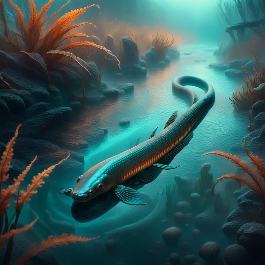 Eel Swimming in Iridescent River, Fantasy Concept Art