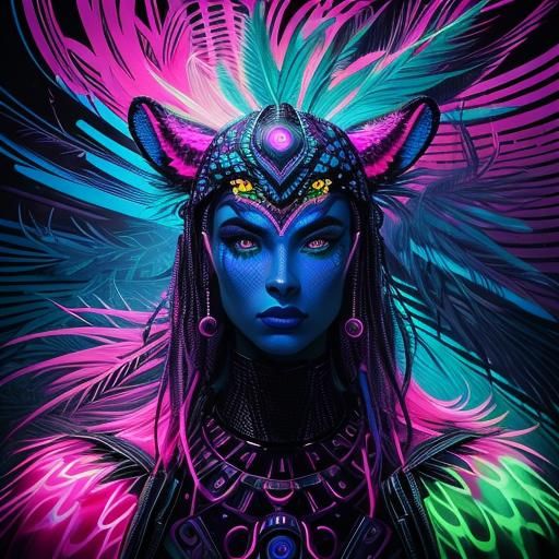 Neon Man with Rainbow Leopard Print and Feathers